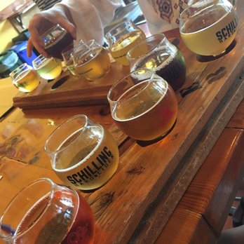 Schilling Cider House - Left to right- rhubarb pear, lavender honey, peach Corrao, pomegranate, ginger apricot, and French pear. - Bars Near Me - Seattle, Washington Schilling Cider House - Left to right- rhubarb pear, lavender honey, peach Corrao, pomegranate, ginger apricot, and French pear. - Bars Near Me - Seattle, Washington