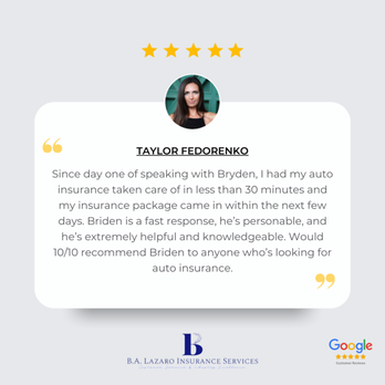 BA Lazaro Insurance Services - We're thrilled to share yet another 5-star review from a satisfied client. We're dedicated to excellence in insurance solutions. - Auto Insurance Near Me - Carmichael, California