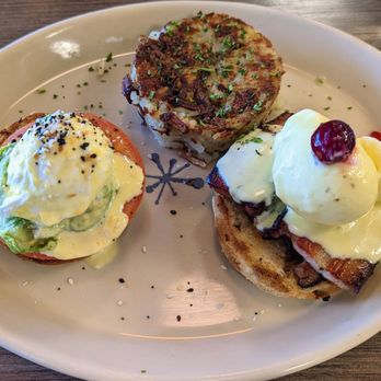 Snooze, an A.M. Eatery - A Benny Duo: (L) Smashed Avocado Benny and (R) Habanero Pork Belly Benny - Breakfast & Brunch Near Me - Tucson, Arizona