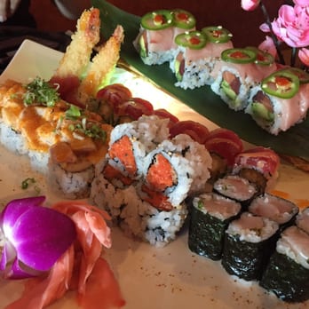 Sushi Hana - From the top down, Hana roll, Red Dragon, front row left to right, Oyishi roll, Spicy Tuna, Yellowtail with Scallions. So yum! - Japanese Near Me - Bradenton, Florida Sushi Hana - From the top down, Hana roll, Red Dragon, front row left to right, Oyishi roll, Spicy Tuna, Yellowtail with Scallions. So yum! - Japanese Near Me - Bradenton, Florida