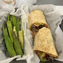 Cross Ties Restaurant and Catering - Build your own burger wrap (lettuce, tomato, Thousand Island dressing & sautéed okra