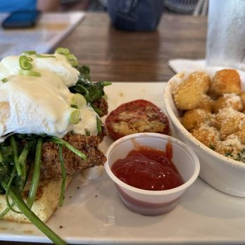 Toasted Gastrobrunch - Corn bread, fried chicken, poached egg with garlic spinach - Breakfast & Brunch Near Me - Oceanside, California