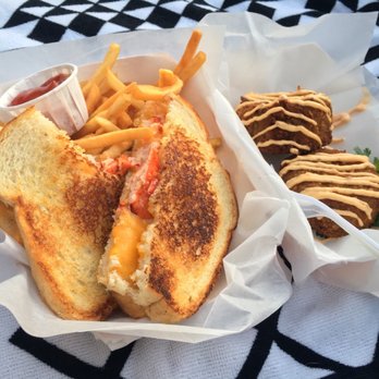 Two For The Road - Lobster grill cheese with side of small fries, and crab cakes - Food Trucks Near Me Two For The Road - Lobster grill cheese with side of small fries, and crab cakes - Food Trucks Near Me