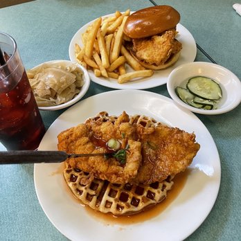 The Tin Trout - Fried chicken & waffles, chicken sandwich, cabbage and complimentary house made pickles. Cheerwine is always a perk. - New American Near Me - Newland, North Carolina The Tin Trout - Fried chicken & waffles, chicken sandwich, cabbage and complimentary house made pickles. Cheerwine is always a perk. - New American Near Me - Newland, North Carolina