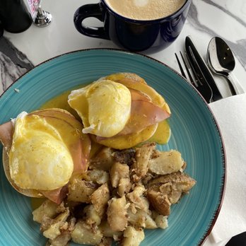 Cafe Sophie - Eggs Benedict with ham and caramel latte - Breakfast & Brunch Near Me - Gaithersburg, Maryland Cafe Sophie - Eggs Benedict with ham and caramel latte - Breakfast & Brunch Near Me - Gaithersburg, Maryland