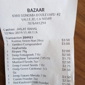 Bazaar - My shopping total for today. Enough spices to make many meals. - Grocery Near Me - Vallejo, California Bazaar - My shopping total for today. Enough spices to make many meals. - Grocery Near Me - Vallejo, California