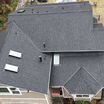 Elite Roofing - Aerial view is roof and new skylights with matching vents and gutters - Roofing Near Me - Snohomish, Washington