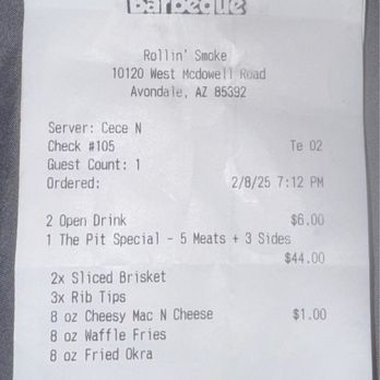 Rollin Smoke BBQ - 2/8/25 Receipt of The Pit Special - 5 Meats 3 Sides - Barbeque Near Me - Avondale, Arizona Rollin Smoke BBQ - 2/8/25 Receipt of The Pit Special - 5 Meats 3 Sides - Barbeque Near Me - Avondale, Arizona