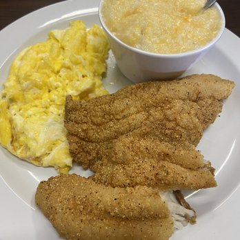Rusty Pot Café - Fried Catfish Filet with scrambled eggs and cheese grits - Breakfast & Brunch Near Me - Inglewood, California