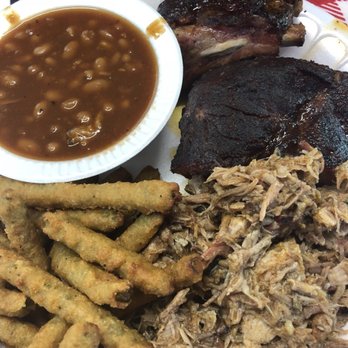Delauders  BBQ - 2-meat sampler with pulled pork, ribs, baked beans and fried green beans - Barbeque Near Me - Sevierville, Tennessee