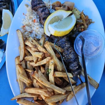 Athena Grill - beef souvlaki plate with fries instead of salad - Greek Near Me - Santa Clara, California