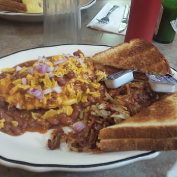 Outpost Restaurant - Chili over Omelette, with Toast and Hashbrowns. Awesome! - American Near Me - West Yellowstone, Montana