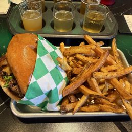 Beef Bacon Avocado burger and hand cut fries, with a flight of 6. Beef Bacon Avocado burger and hand cut fries, with a flight of 6.