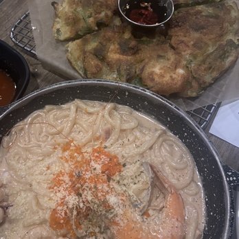 Take31 - Cream Cod Roe Seafood Udon + Seafood & Scallion Pancake - Korean Near Me - New York, New York Take31 - Cream Cod Roe Seafood Udon + Seafood & Scallion Pancake - Korean Near Me - New York, New York