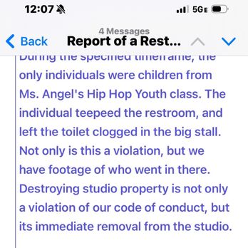 Aesthetic Studios - Please see pictures attached of their accusations of destroying studio property and accusations of vandalism - Dance Studios Near Me - Los Angeles, California