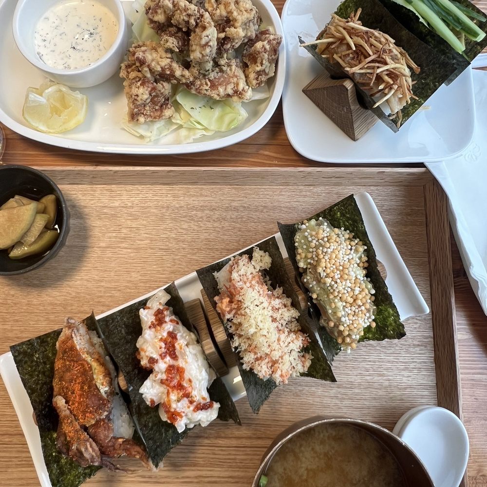 MORU - Moru Sushi & Handroll Set, yellowtail hand roll, cucumber avocado hand roll, chicken karage, Veggie Udon (not shown) - Japanese Near Me - Fort Lee, New Jersey MORU - Moru Sushi & Handroll Set, yellowtail hand roll, cucumber avocado hand roll, chicken karage, Veggie Udon (not shown) - Japanese Near Me - Fort Lee, New Jersey