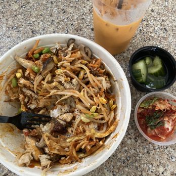 Red Pine Cafe - Chicken rice bowl with veggies and toppings. Side of kimchi and pickled cucumbers, delicious! Thai tea, so refreshing on a hot summer day - Asian Fusion Near Me - Temecula, California Red Pine Cafe - Chicken rice bowl with veggies and toppings. Side of kimchi and pickled cucumbers, delicious! Thai tea, so refreshing on a hot summer day - Asian Fusion Near Me - Temecula, California