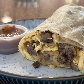 Morning Kick - Carne Asada burrito with fresh salsa. - Breakfast & Brunch Near Me - Gilbert, Arizona Morning Kick - Carne Asada burrito with fresh salsa. - Breakfast & Brunch Near Me - Gilbert, Arizona