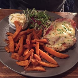 Cafe Square & Bistro - Chicken and chorizo melt on pita bread with sweet potato fries....delish