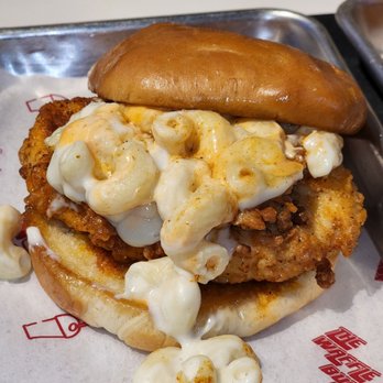 The Waffle Bus - Mac Daddy Hot Chicken Sandwhich w/ Broche Bun (spicy fried chicken burger with cheddar mac n cheese - Sandwiches Near Me - Houston, Texas The Waffle Bus - Mac Daddy Hot Chicken Sandwhich w/ Broche Bun (spicy fried chicken burger with cheddar mac n cheese - Sandwiches Near Me - Houston, Texas