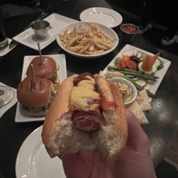 Hot dog, burger, fries and Vegetable Crudité Hot dog, burger, fries and Vegetable Crudité
