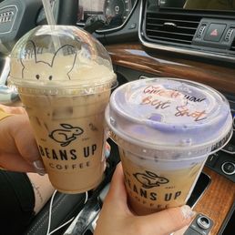 Chai tea with lavender cold foam and a white chocolate mocha. Chai tea with lavender cold foam and a white chocolate mocha.