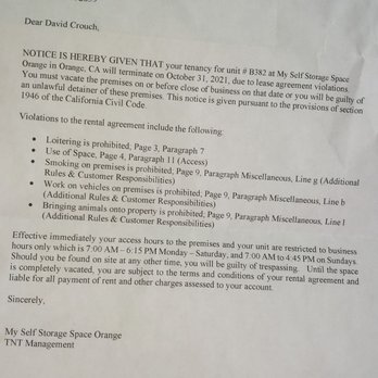 My Self Storage Space - Orange - This is my eviction notice. Was it necessary. We will find out if it was. - Self Storage Near Me - Orange, California