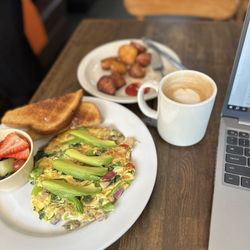 Main Street Cafe - Veggie scramble with toast, potatoes, fruit, and a vanilla latte