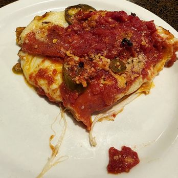 Lou Malnati's Pizzeria - A slice of Small Deep Dish with extra tomato sauce and jalapeños - Pizza Near Me - Schaumburg, Illinois Lou Malnati's Pizzeria - A slice of Small Deep Dish with extra tomato sauce and jalapeños - Pizza Near Me - Schaumburg, Illinois