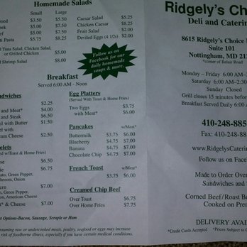 Ridgely's Choice Deli & Catering - Menu as of 05-26-17 - Delis Near Me - Nottingham, Maryland Ridgely's Choice Deli & Catering - Menu as of 05-26-17 - Delis Near Me - Nottingham, Maryland
