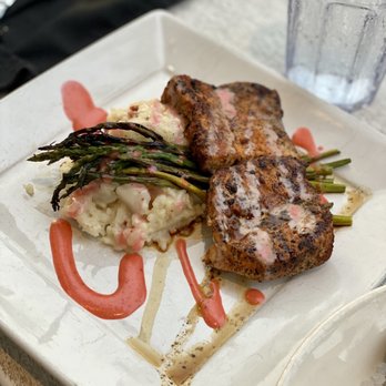 Cobalt - Chef's special: blackened swordfish with risotto top with a raspberry vinaigrette - Seafood Near Me - Orange Beach, Alabama Cobalt - Chef's special: blackened swordfish with risotto top with a raspberry vinaigrette - Seafood Near Me - Orange Beach, Alabama