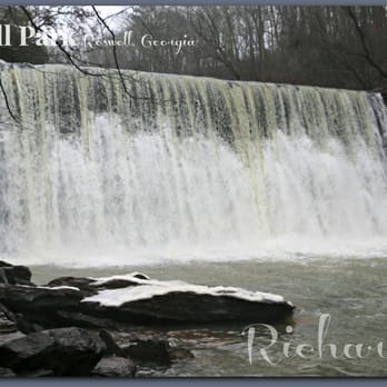 Old Mill Park - Water flow was excellent after recent rains. See the ice accumulation on the rock? It's really cold here today. - Hiking Near Me - Roswell, Georgia