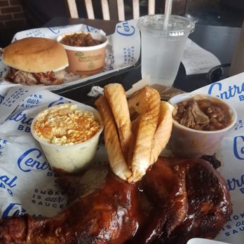 Central BBQ - pulled pork sandwich/bbq beans and half chicken combo with potato salad and slaw, texas toast - Barbeque Near Me - Memphis, Tennessee Central BBQ - pulled pork sandwich/bbq beans and half chicken combo with potato salad and slaw, texas toast - Barbeque Near Me - Memphis, Tennessee