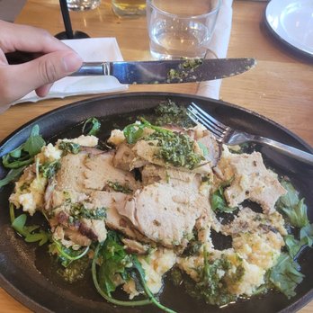 Camp Outpost - Saratoga pork plate with cheddar grits and kale. - New American Near Me - Springdale, Utah