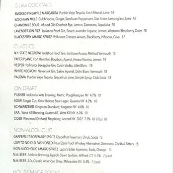 SILVIA - Drinks Menu August 10, 2026 - New American Near Me - Woodstock, New York