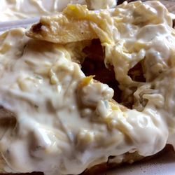 Atlantic Fish and Chips - Rather grey and disappointing Chips with cheese and garlic mayo...