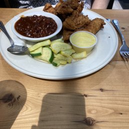 Chicken strips, bbq beans and fresh zucchini