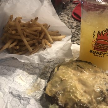 Buddy's Burger - Regular french fries, mango lemonade and a }#2 classic cheeseburger no tomato. - Burgers Near Me - Austin, Texas Buddy's Burger - Regular french fries, mango lemonade and a }#2 classic cheeseburger no tomato. - Burgers Near Me - Austin, Texas