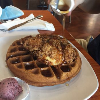 Dame's Chicken & Waffles - Gingerbread waffle with blueberry smear (blueberry smear very sweet) - Southern Near Me - Durham, North Carolina
