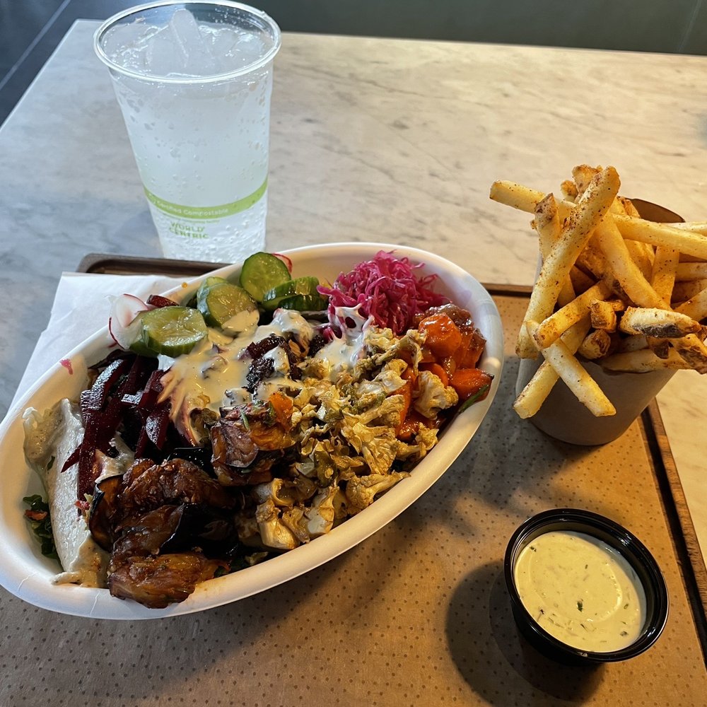 Brassica - Salad bowl w/chicken, greens, baba, and lintels. Topped w/veggies and special sauce. Fries. Seltzer water. - Mediterranean Near Me - Columbus, Ohio Brassica - Salad bowl w/chicken, greens, baba, and lintels. Topped w/veggies and special sauce. Fries. Seltzer water. - Mediterranean Near Me - Columbus, Ohio