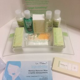 Toiletries include: shampoo, conditioner, mouthwash, shoe sponge, soap, vanity kit, shower cap, makeup remover wipe, and a mending kit. Toiletries include: shampoo, conditioner, mouthwash, shoe sponge, soap, vanity kit, shower cap, makeup remover wipe, and a mending kit.