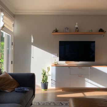 Whiting Art Design Woodworking - Floating entertainment center with cherrywood floating shelf and cabinet top. - Cabinetry Near Me Whiting Art Design Woodworking - Floating entertainment center with cherrywood floating shelf and cabinet top. - Cabinetry Near Me