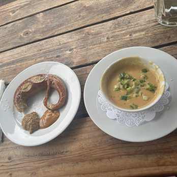 Prost! - Pretzel and beer cheese soup   Delicious!! - Pubs Near Me - Portland, Oregon