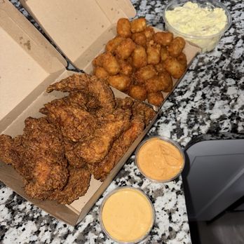 Love & Honey Fried Chicken - Large tender order, single order of tots, potato salad, mcloven sauce/ spicy sauce - Chicken Shop Near Me - Cranston, Rhode Island Love & Honey Fried Chicken - Large tender order, single order of tots, potato salad, mcloven sauce/ spicy sauce - Chicken Shop Near Me - Cranston, Rhode Island
