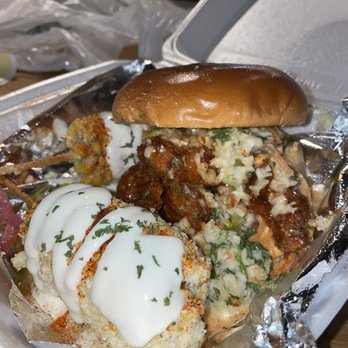 Sauce the City - Cleveland Hot Chicken Sandwich with Dressed Street Corn - Desserts Near Me - Cleveland, Ohio Sauce the City - Cleveland Hot Chicken Sandwich with Dressed Street Corn - Desserts Near Me - Cleveland, Ohio