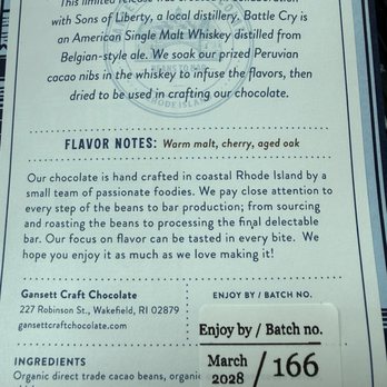 Gansett Craft Chocolate - Battle Cry Whiskey (limited release)!' - Chocolatiers & Shops Near Me - South Kingstown, Rhode Island