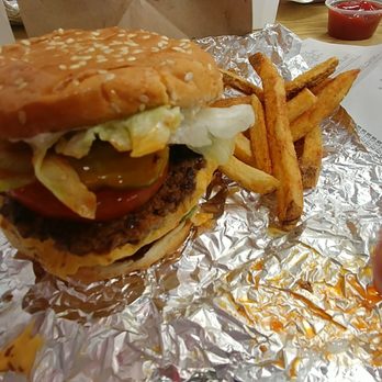 Five Guys - Bacon cheeseburger with got sauce - Burgers Near Me - San Diego, California Five Guys - Bacon cheeseburger with got sauce - Burgers Near Me - San Diego, California