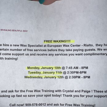 European Wax Center - Made the appointment for today which is 1/12 & clearly they don't bother to tell people that it ends a day early - Waxing Near Me - Rialto, California European Wax Center - Made the appointment for today which is 1/12 & clearly they don't bother to tell people that it ends a day early - Waxing Near Me - Rialto, California