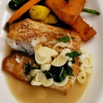 L'Opera - Fish Special: Striped Bass with Fried Polenta & Vegetables ($45)  01-17-2024 - Italian Near Me - Long Beach, California