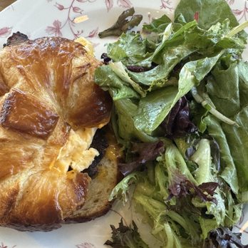 Rose Cafe - CROISSANT BREAKFAST SANDWICH with eggs, cheese, and pork belly and a side salad - Breakfast & Brunch Near Me - Oceanside, California